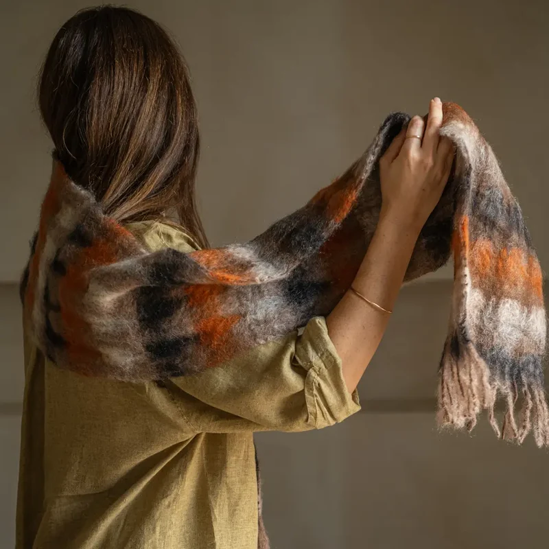 Foulard Mohair Cuadros Gris Marrón Naranja