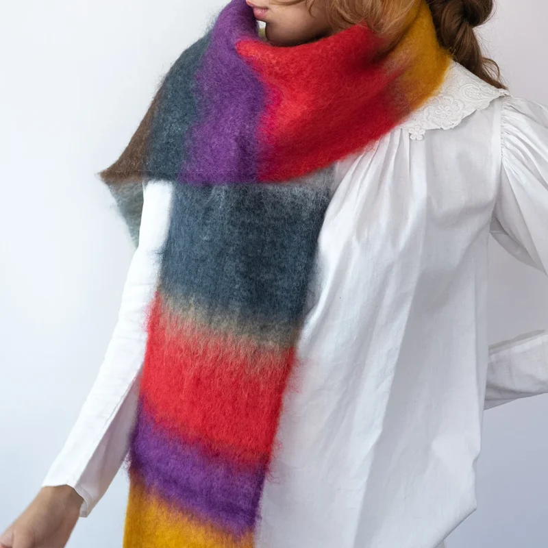 Foulard Mohair Franjas Rojo, Morado y Mostaza