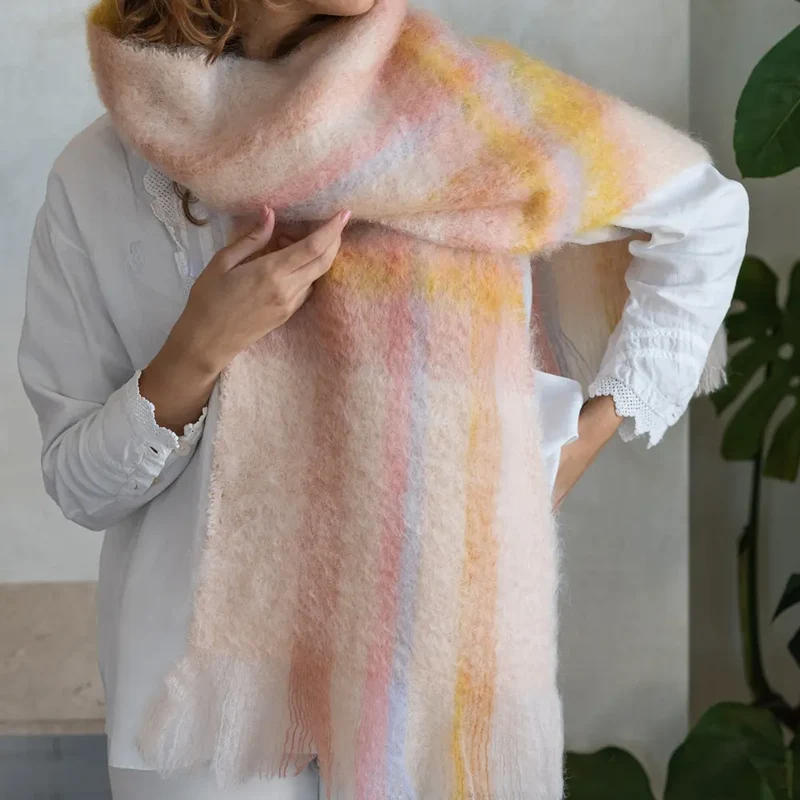 Bufanda Mohair Tartán Rosa Pastel y Naranja
