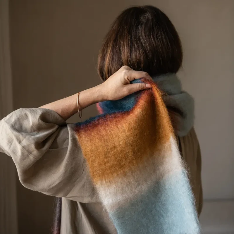 Foulard Mohair Franjas Mostaza, Azul y Ocre