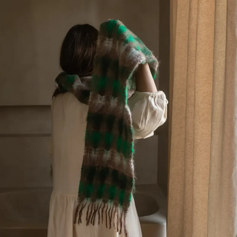Foulard Mohair Cuadros Verde Marrón Blanco