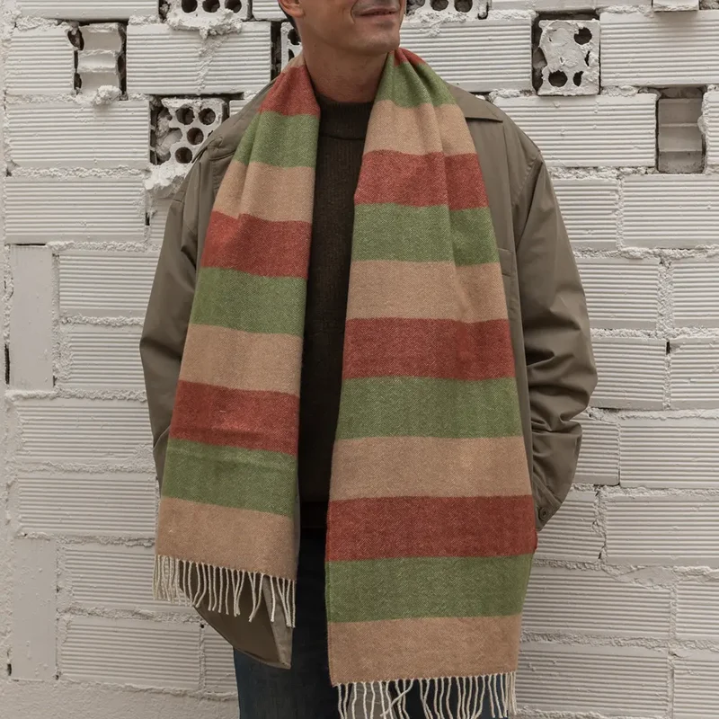 Bufanda de Lana Merino Rayas Camel Jardin y Arcilla