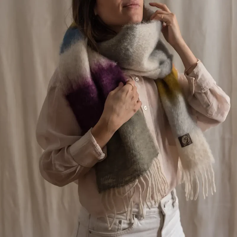 Foulard Mohair Franjas Ocres y Verdes
