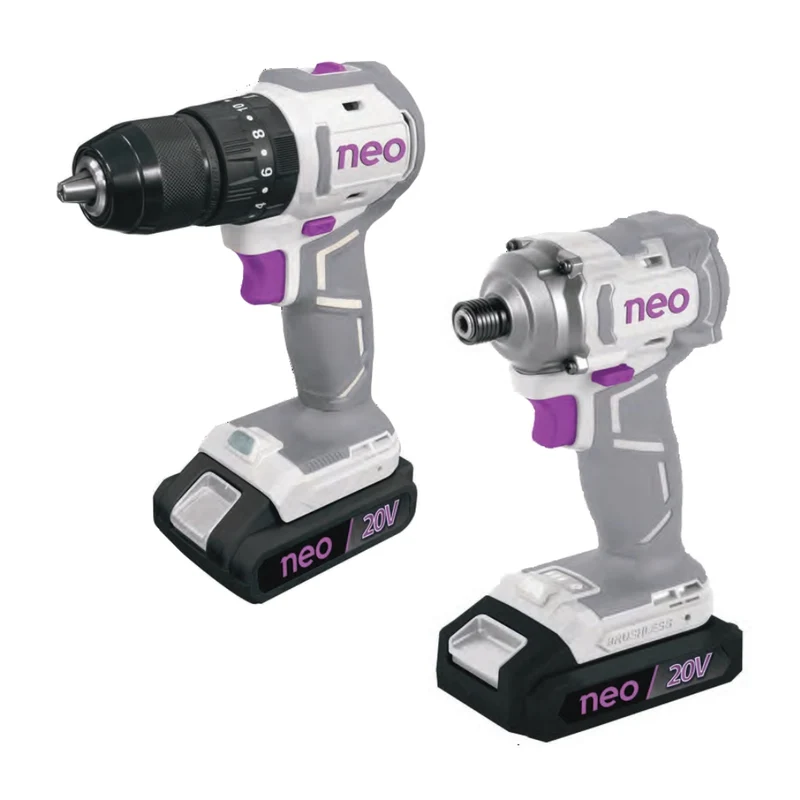 Neo Set Taladro Percutor Inalámbrico 1/2" + Atornillador/Pistola de Impacto 1/2" 20V, TP1013/2/20+ALI1012/2/20