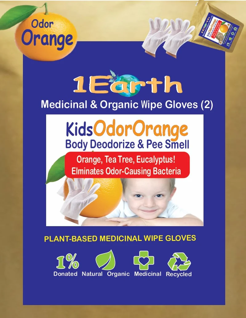 Medicinal Wipe Gloves, KidsOdorOrange, 1Earth, Case of 6 Packs of 2 (12 Wipe Gloves)