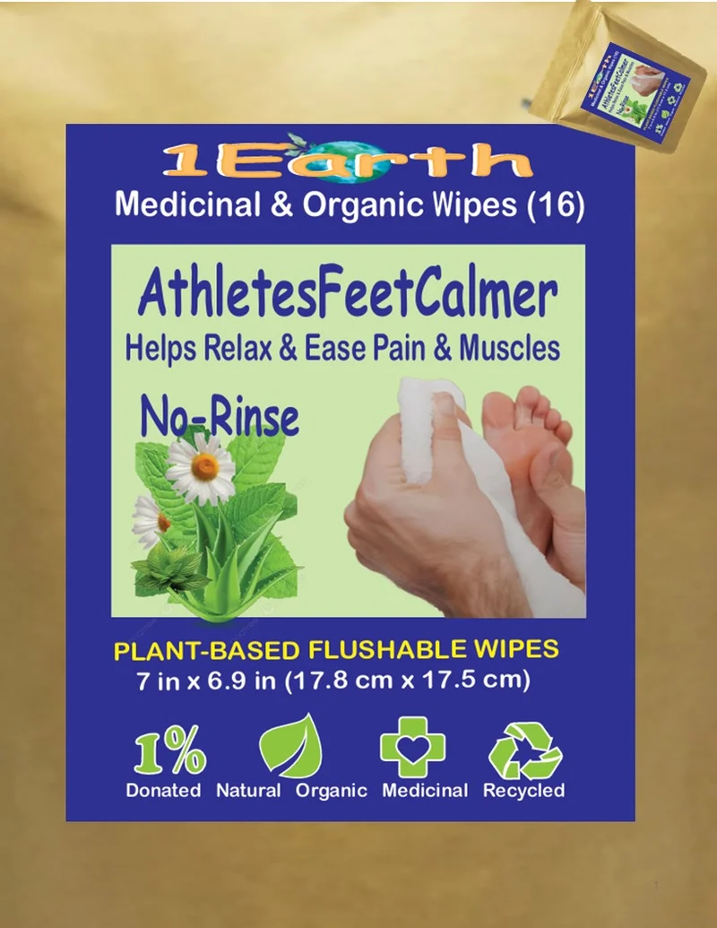 Medicinal Wipes, AthletesFeetCalmer, 1Earth, Case of 6 Packs of 16 (96 Wipes)