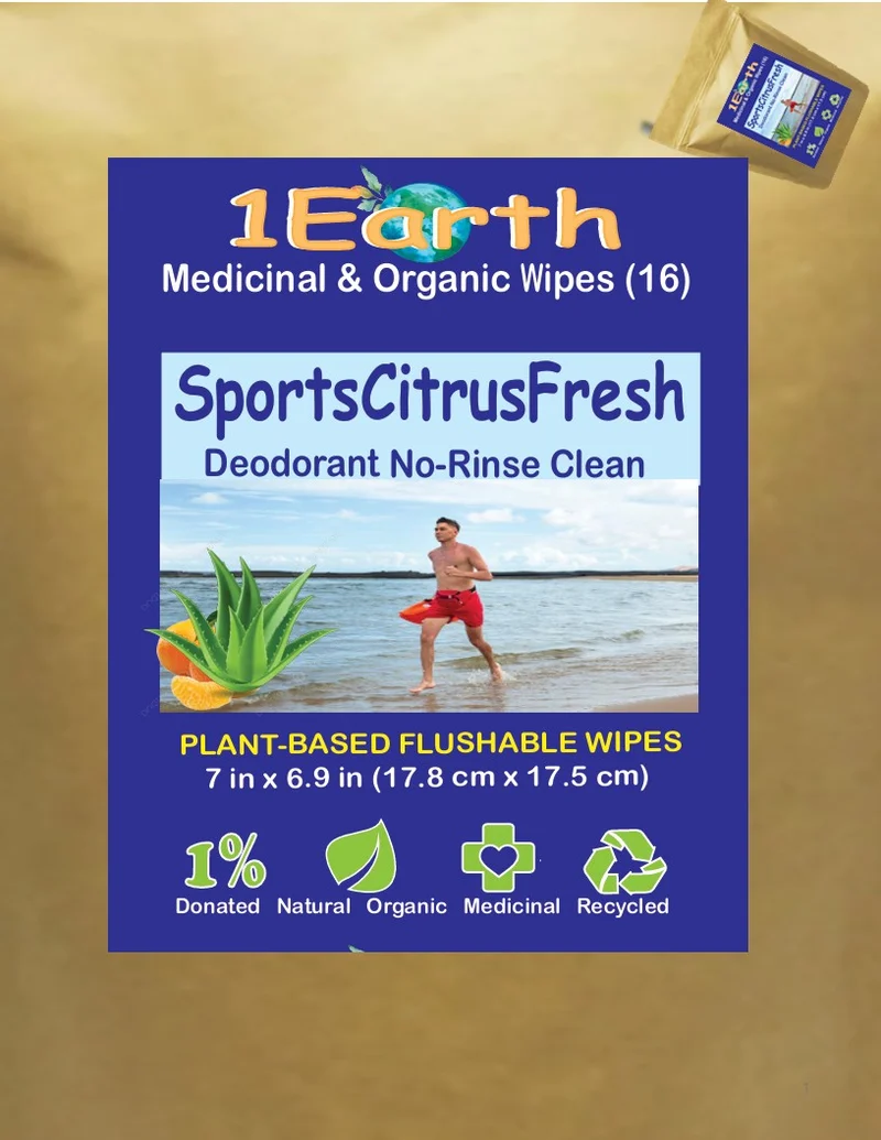 Medicinal Wipes, SportsCitrusFresh, 1Earth, Case of 6 Packs of 16 (96 Wipes)