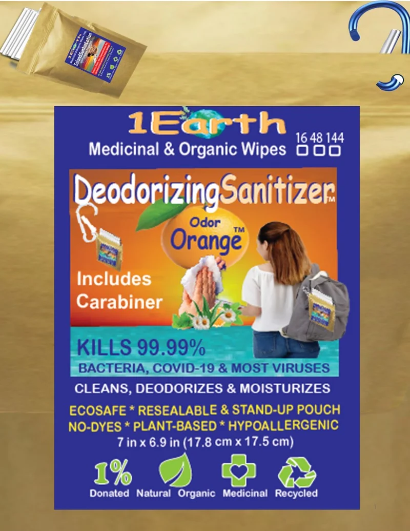 Medicinal Wipes with Carabiner, DeodorizingSanitizer, 1Earth, Pack of 16