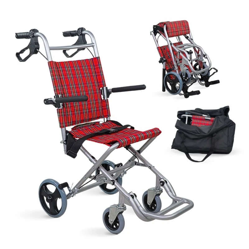 Silla de ruedas para tránsito | Asiento 30 cm | Aluminio | Frenos en manetas | Cuadros escoceses | Neptuno | Mobiclinic