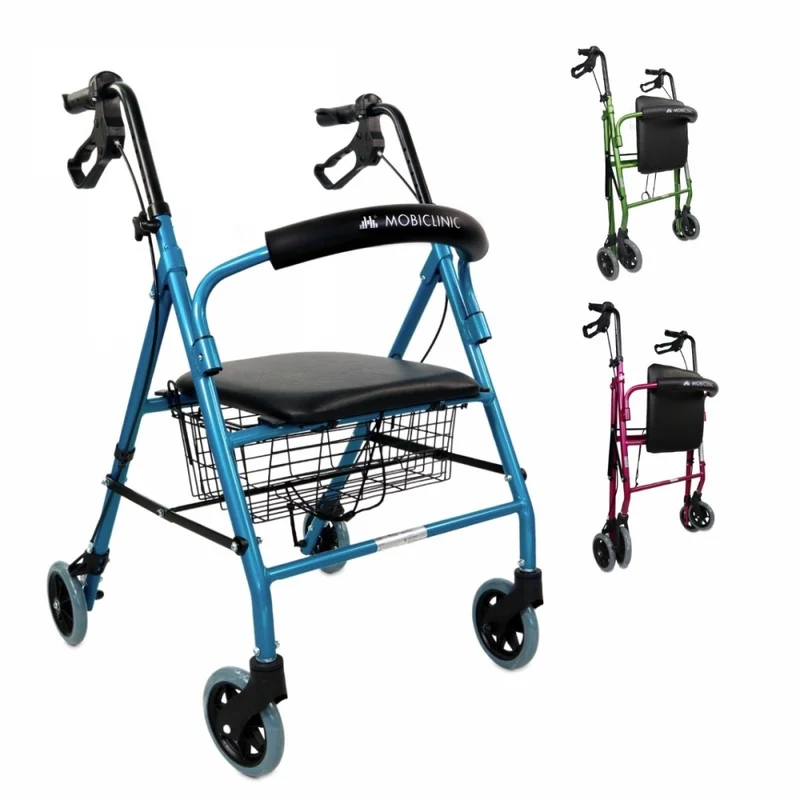 Andador | Plegable | Aluminio | Frenos en manetas | Asiento y respaldo | 4 ruedas | Azul | Escorial | Mobiclinic