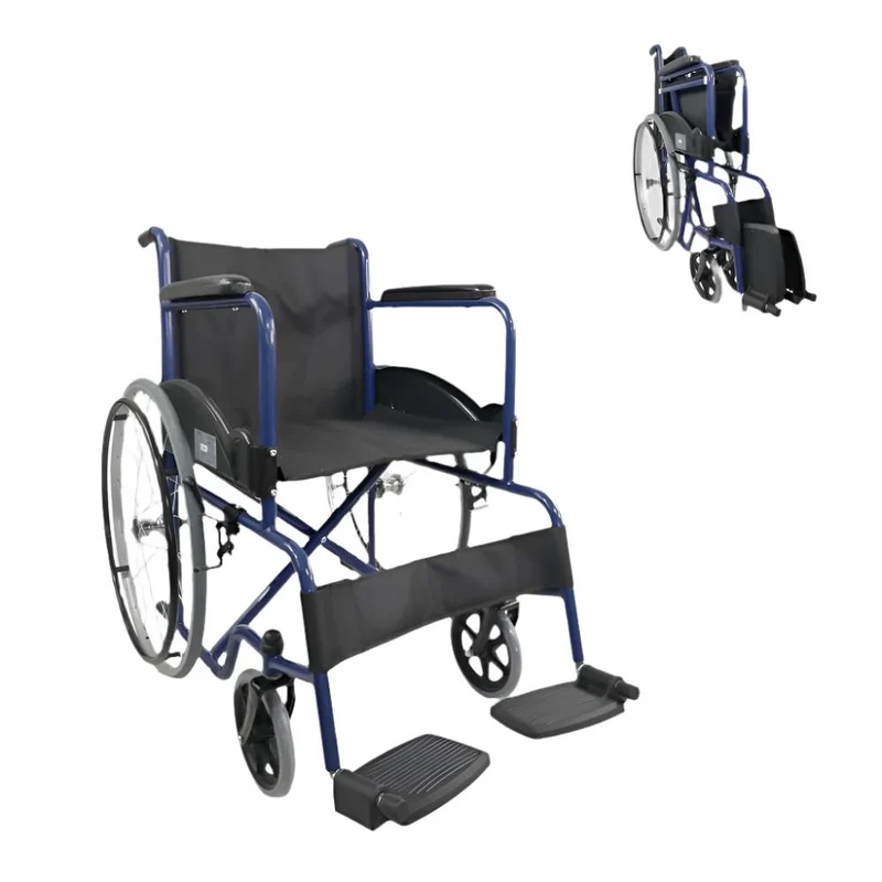 Silla de ruedas | Plegable | Rueda grande | Resistente | Reposabrazos y reposapiés fijos | Azul | Alcazaba | Mobiclinic