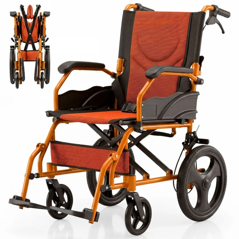 Silla de ruedas | Plegable | Aluminio | Freno en manetas | Reposapiés | Reposabrazos | Naranja | Pirámide | Mobiclinic
