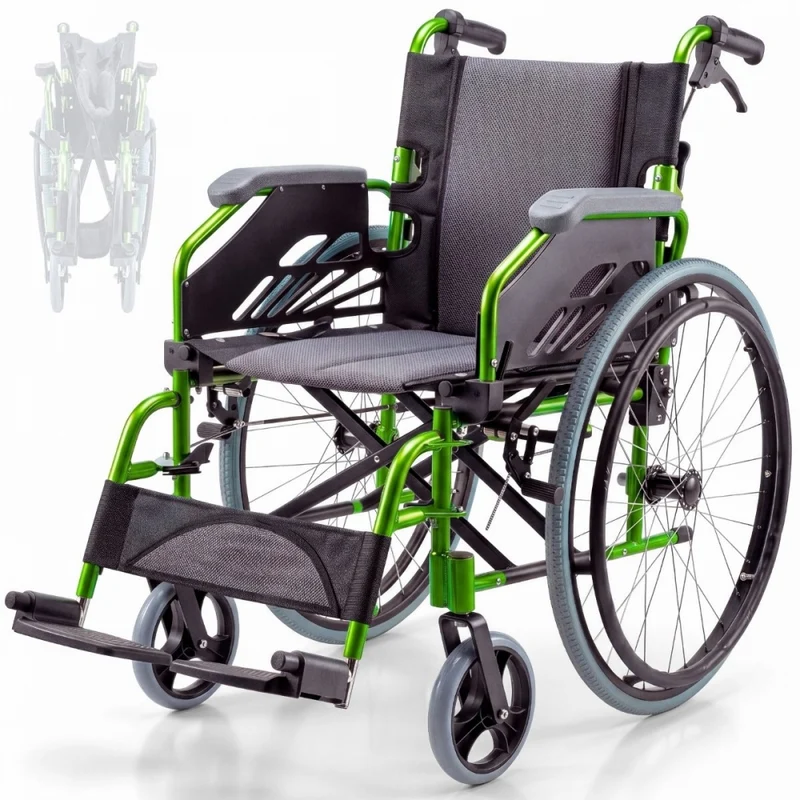 Silla de ruedas plegable | Aluminio | Respaldo partido | Reposabrazos abatibles | Verde | Bolonia | Mobiclinic